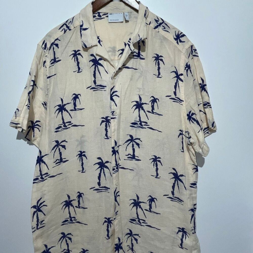 ASOS Design Men's Beige Navy Palm Tree Short‎ Sleeve Button Up Shirt Large Long